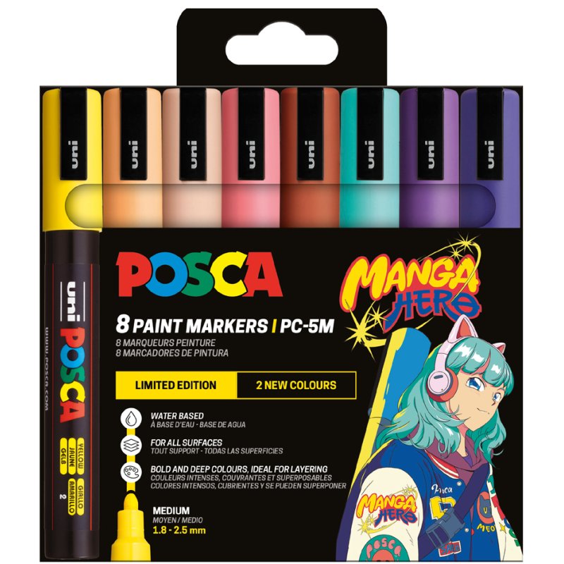 POSCA marqueurs pigmentés PC-5M MANGA HERO, pointe ronde 1,8-2,5 mm, 8 pièces